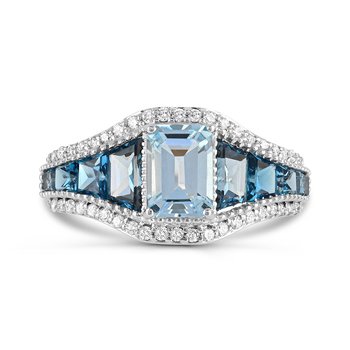 14K White Gold Aquamarine, London Blue Topaz  and Diamond 0.176cts Ring R12810AQLB6W4