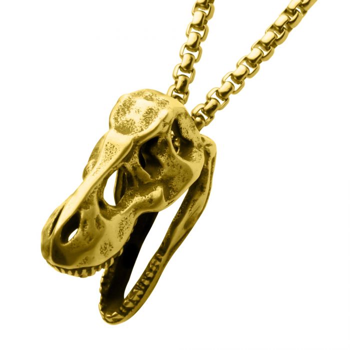 INOX Jewelry Distressed Matte 18Kt Gold IP T-Rex Skull Pendant