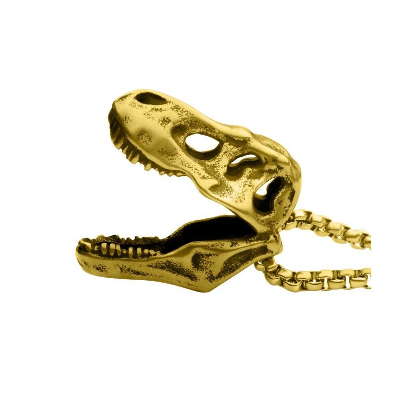 INOX Jewelry Distressed Matte 18Kt Gold IP T-Rex Skull Pendant