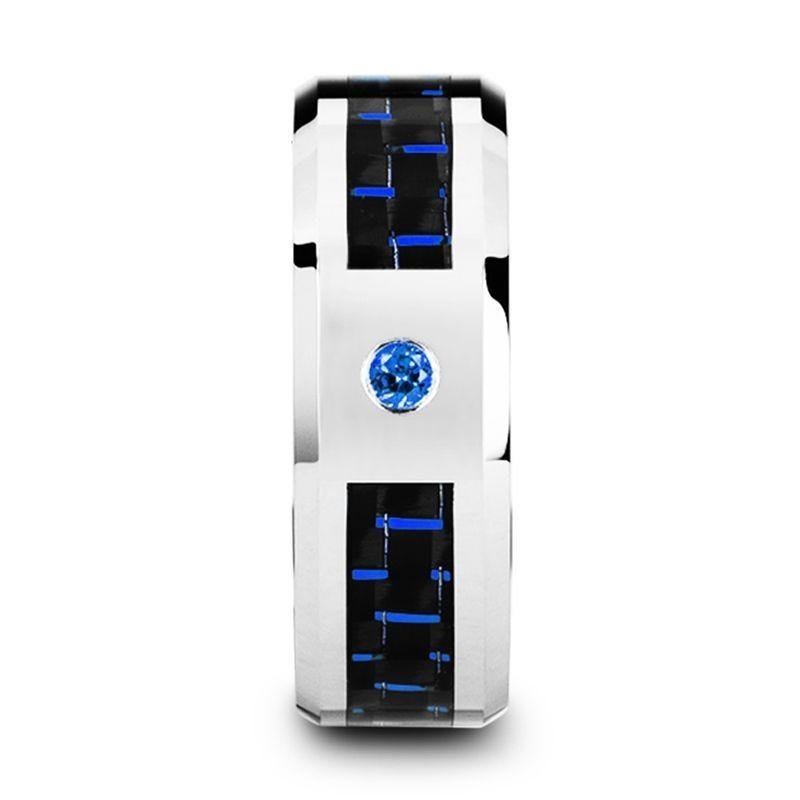 Thorsten NEPTUNE Tungsten Carbide Ring Black Blue Carbon Fiber Blue Sapphire Setting with Bevels - 8mm Thorsten NEPTUNE Tungsten Carbide Ring Black Blue Carbon Fiber Blue Sapphire Setting with Bevels - 8mm