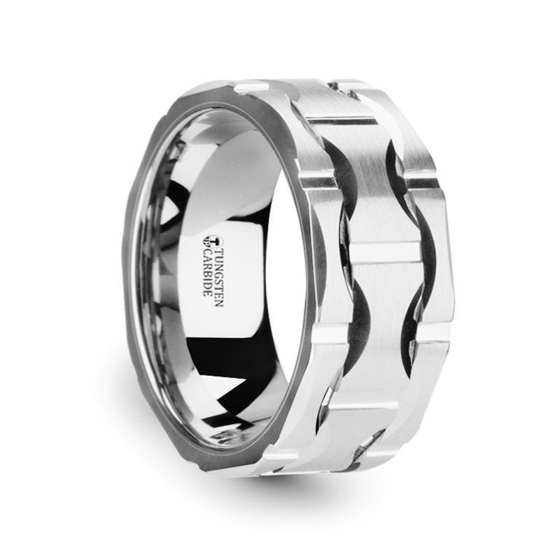 Thorsten KANYE Tungsten Carbide Wedding Band with Moon Grooves and Brushed Finish - 10mm Thorsten KANYE Tungsten Carbide Wedding Band with Moon Grooves and Brushed Finish - 10mm