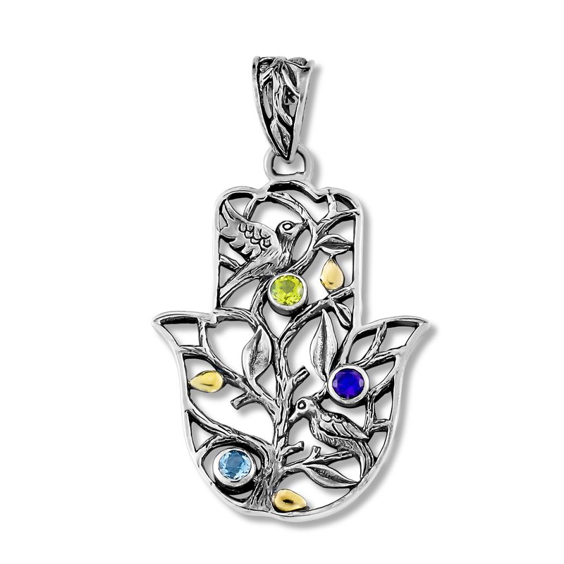 Samuel B STERLING SILVER/18K MULTI GEMSTONE HAMSA PENDANT W/ BIRD