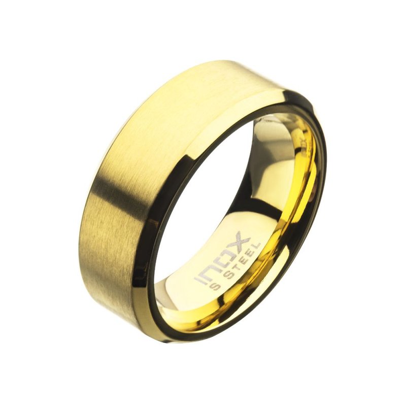 NDO LAB 金メッキリング 11747391 INOX Jewelry 8mm Matte Finish 18Kt Gold IP Steel Beveled Comfort