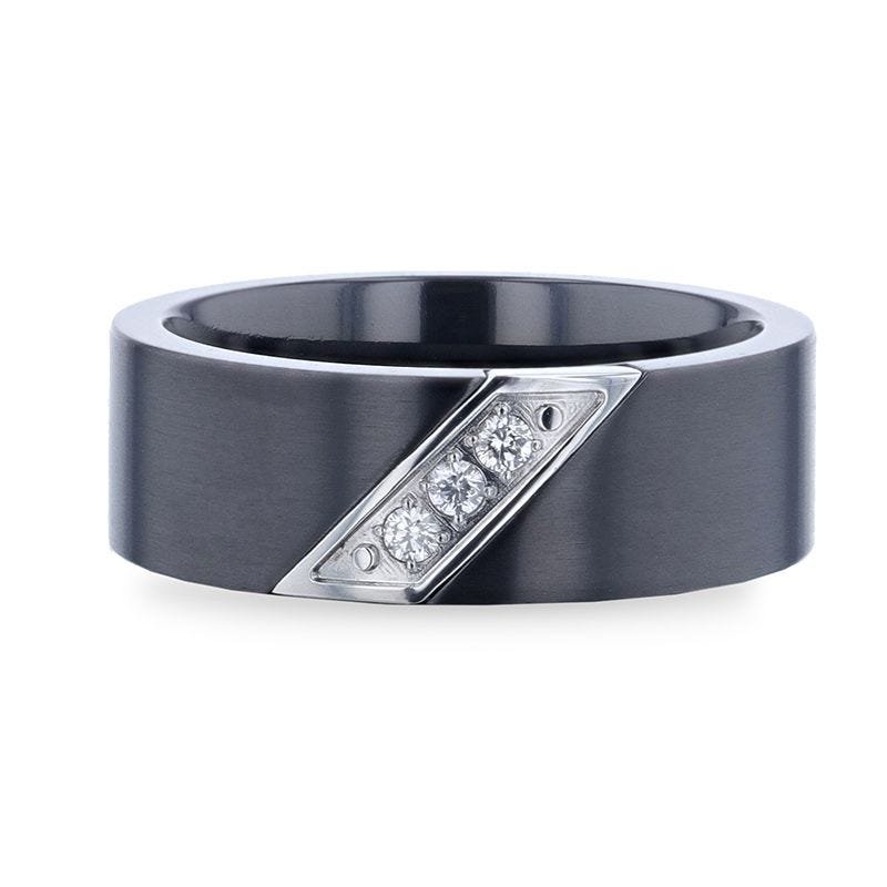 Thorsten JAGUAR Flat Brushed Black Titanium Men's Wedding Band With Small Silver-Coated Diagonal Design And A Set of 3 Diamonds - 8mm Thorsten JAGUAR Flat Brushed Black Titanium Men's Wedding Band With Small Silver-Coated Diagonal Design And A Set of 3 Diamonds - 8mm