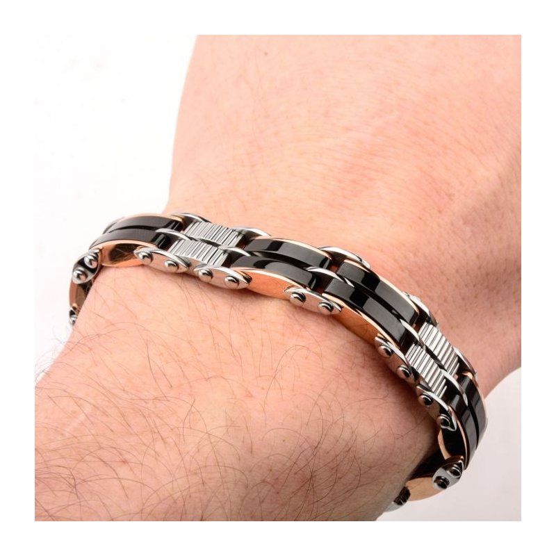 NEW Mens black and rose gold ip link bracelet stainless steel unisex store