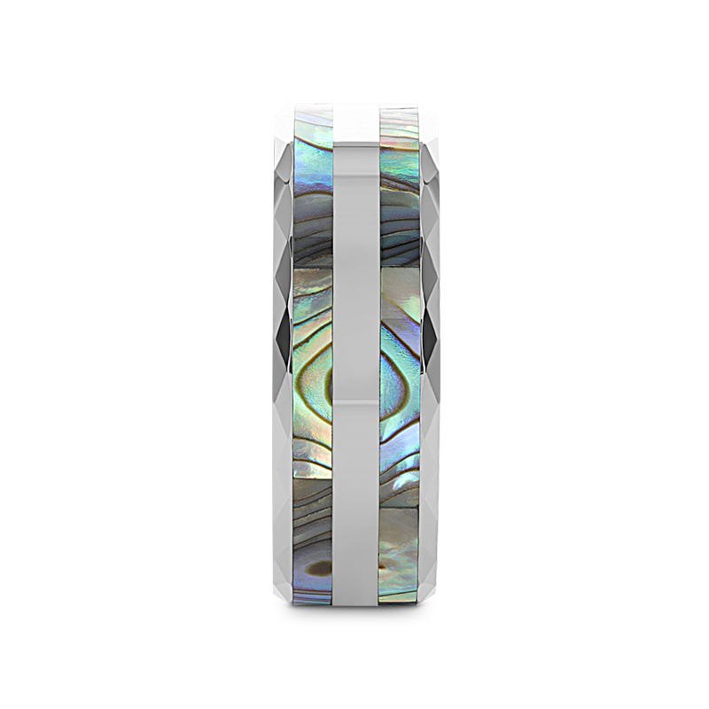 Thorsten PAUA Double Abalone Shell Inlay Faceted Tungsten Ring With Beveled Polished Edges - 8mm Thorsten PAUA Double Abalone Shell Inlay Faceted Tungsten Ring With Beveled Polished Edges - 8mm