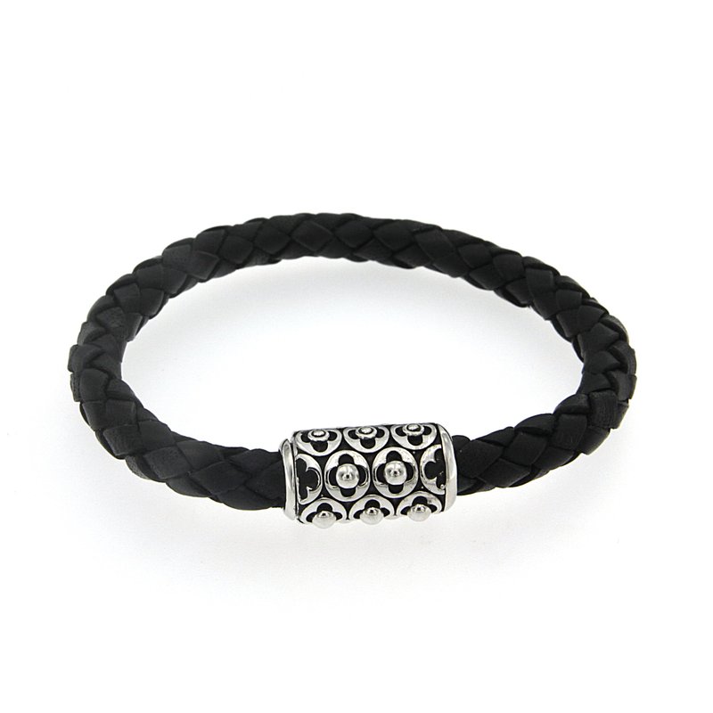 Samuel B STERLING SILVER IMPERIAL MENS BLACK LEATHER BRACELET