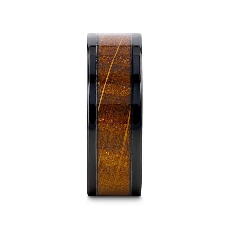 Thorsten BOURBON Black Zirconium Ring with Whiskey Barrel Wood Inlay and Black Sapphires - 8mm
