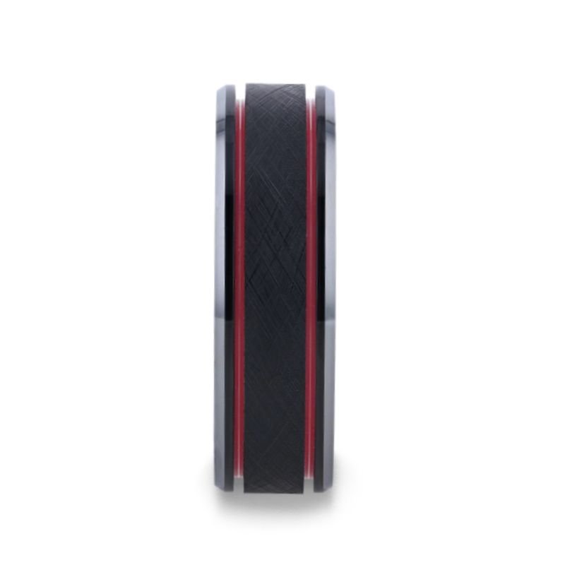 Thorsten OLIS Wire Finish Centered Black Tungsten Men's Wedding Band With Double Red Stripe Polished Beveled Edges Thorsten OLIS Wire Finish Centered Black Tungsten Men's Wedding Band With Double Red Stripe Polished Beveled Edges
