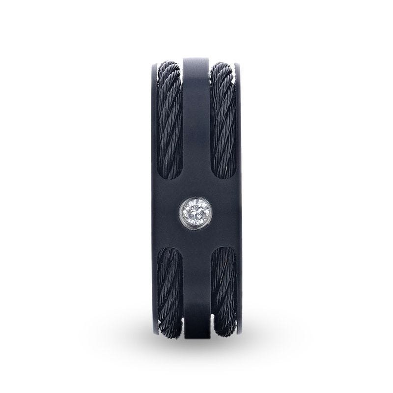 Thorsten NOIR Double Black Rope Inlaid Brushed Matte Black Titanium Men's Wedding Band With Black Edge Channel Setting And White Diamond In The Center - 8mm Thorsten NOIR Double Black Rope Inlaid Brushed Matte Black Titanium Men's Wedding Band With Black Edge Channel Setting And White Diamond In The Center - 8mm