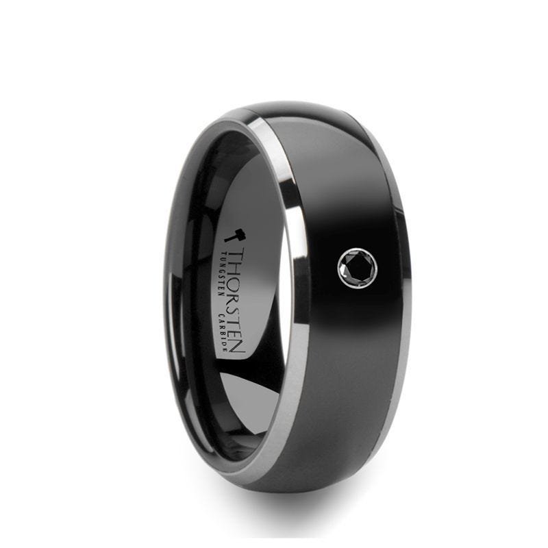 Thorsten GLENDALE Domed Black Ceramic Comfort Fit Wedding Band with Polished Tungsten Edges and White Diamond Setting - 8mm Thorsten GLENDALE Domed Black Ceramic Comfort Fit Wedding Band with Polished Tungsten Edges and White Diamond Setting - 8mm
