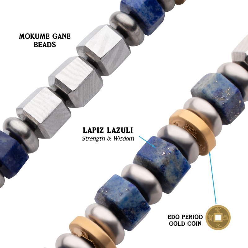 INOX Jewelry 8mm Steel and Lapis Lazuli Beads Bushido Bracelet