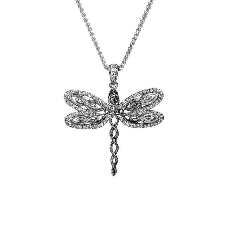 Keith Jack S/sil Rhodium White CZ Barked Dragonfly Pendant PPS6240