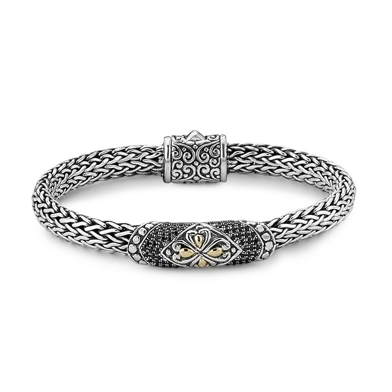 Samuel B STERLING SILVER/18K 7MM WOVEN CHAIN BAR BRACELET W/ PAVE