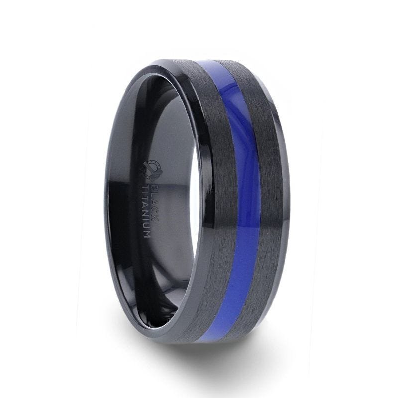 Thorsten JACKSEN Black Titanium Men's Wedding Band Beveled Black Titanium With Blue Stripe Inlaid Brushed Finish Center And Polished Beveled Edges - 8mm Thorsten JACKSEN Black Titanium Men's Wedding Band Beveled Black Titanium With Blue Stripe Inlaid Brushed Finish Center And Polished Beveled Edges - 8mm