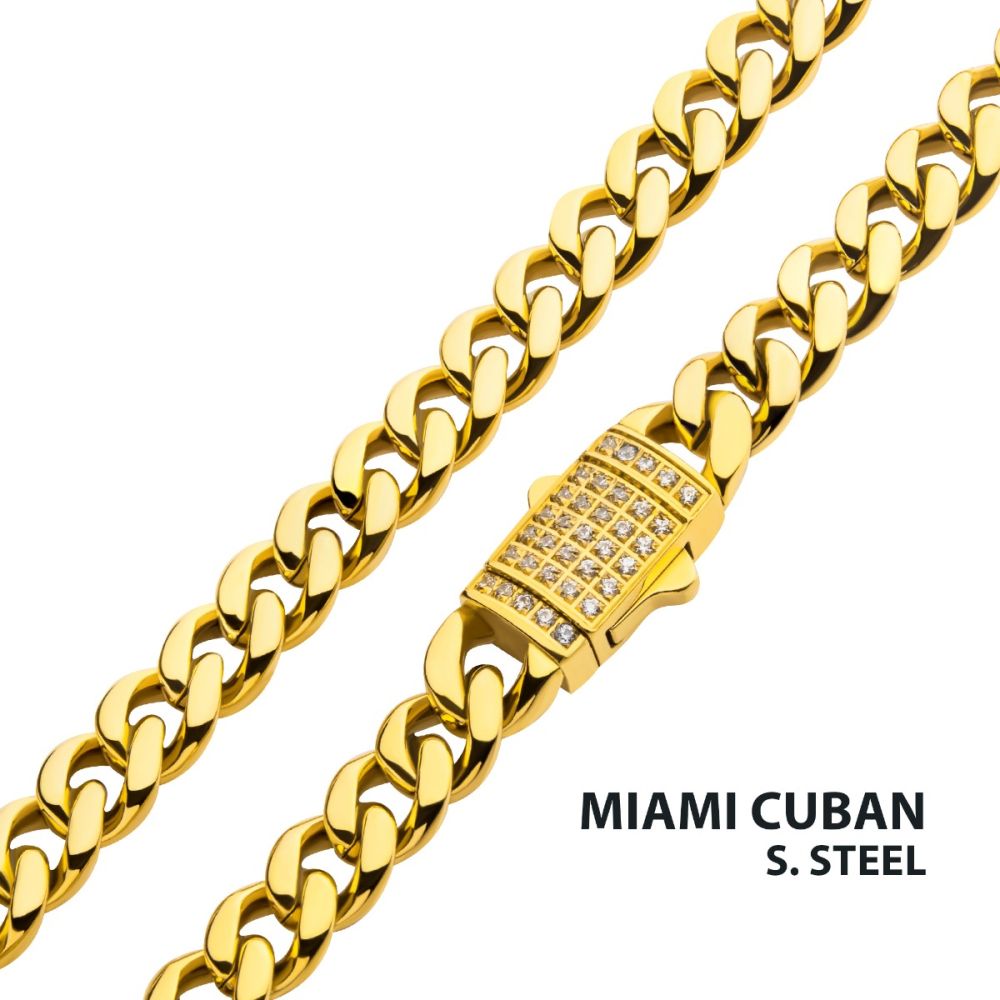 INOX Jewelry 6mm 18Kt Gold IP Miami Cuban Chain Necklace with CNC