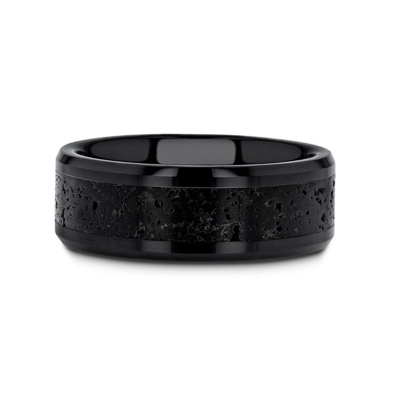 Thorsten VESUVIUS Black Ceramic Wedding Band with Black & Gray Lava Rock Stone Inlay & Polished Beveled Edges - 6mm & 8mm