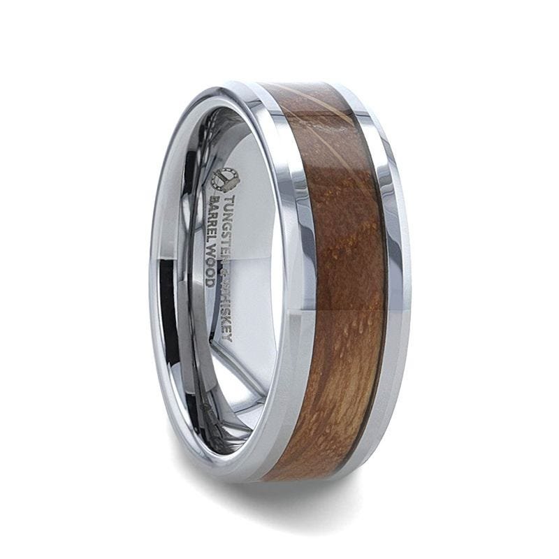 Thorsten DISTILLED Whiskey Barrel Wood Inlaid Tungsten Men's Wedding Band With Beveled Polished Edges Made From Genuine Whiskey Barrels - 8mm Thorsten DISTILLED Whiskey Barrel Wood Inlaid Tungsten Men's Wedding Band With Beveled Polished Edges Made From Genuine Whiskey Barrels - 8mm