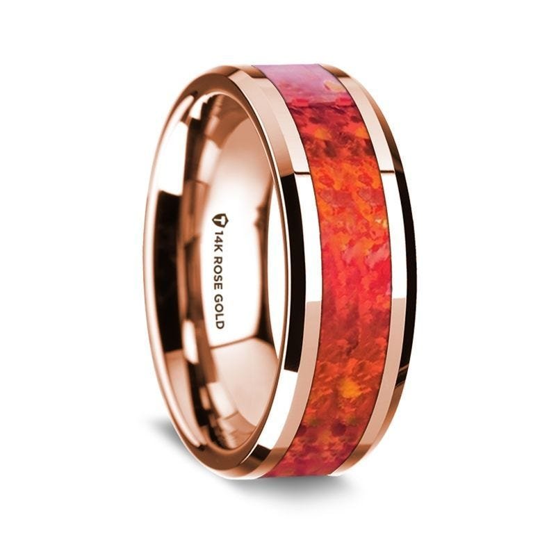 Thorsten 14K Yellow Gold Polished Beveled Edges Wedding Ring with Black and Red Opal Inlay - 8 mm