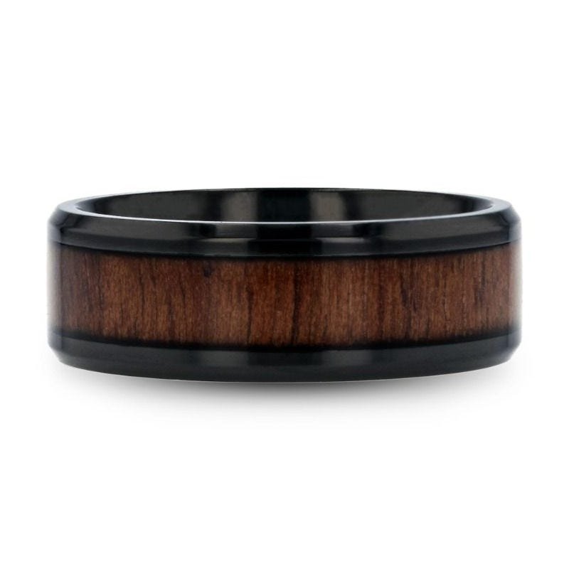 Thorsten KONY Black Titanium Polished Beveled Edges Black Walnut Wood Inlaid Men’s Wedding Ring - 6mm & 8mm Thorsten KONY Black Titanium Polished Beveled Edges Black Walnut Wood Inlaid Men’s Wedding Ring - 6mm & 8mm