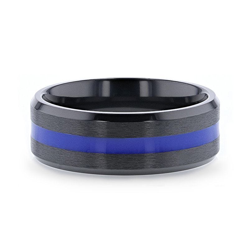 Thorsten JACKSEN Black Titanium Men's Wedding Band Beveled Black Titanium With Blue Stripe Inlaid Brushed Finish Center And Polished Beveled Edges - 8mm Thorsten JACKSEN Black Titanium Men's Wedding Band Beveled Black Titanium With Blue Stripe Inlaid Brushed Finish Center And Polished Beveled Edges - 8mm