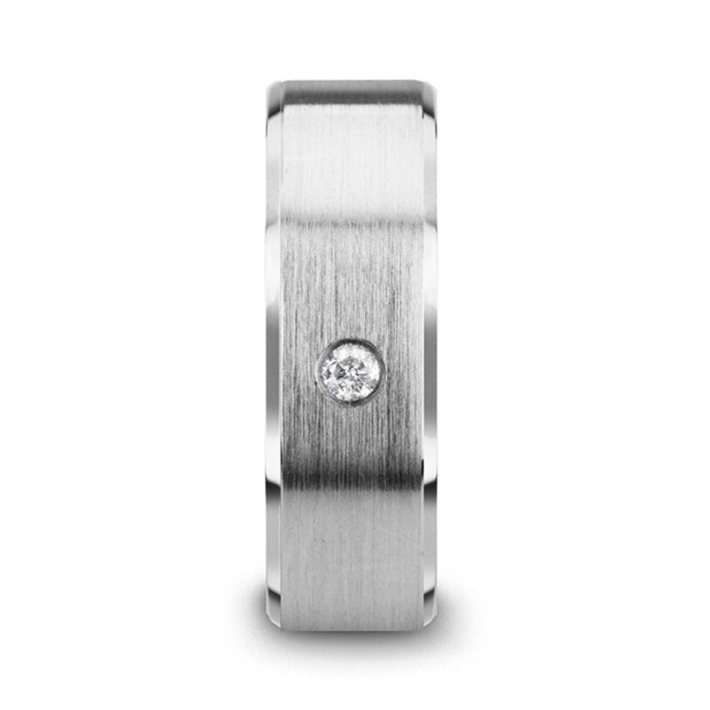 Thorsten PORTER Brushed Finish Tungsten Carbide Wedding Ring with White Diamond Setting and Beveled Edges- 6 mm & 8 mm Thorsten PORTER Brushed Finish Tungsten Carbide Wedding Ring with White Diamond Setting and Beveled Edges- 6 mm & 8 mm