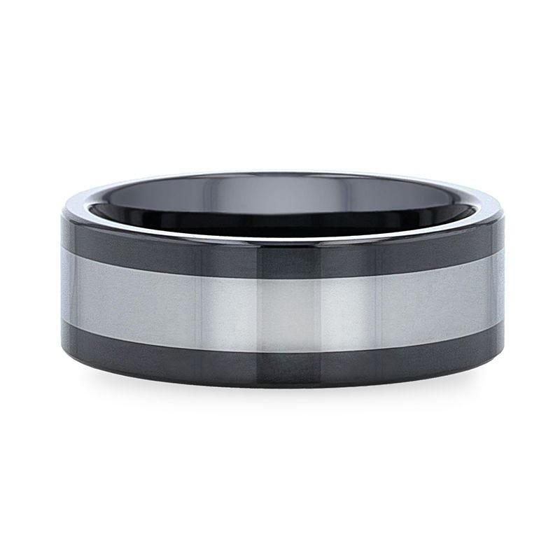 Thorsten HUSKEY Ceramic Ring with Tungsten Inlay Wedding Band With Flat Polished Edges - 8mm