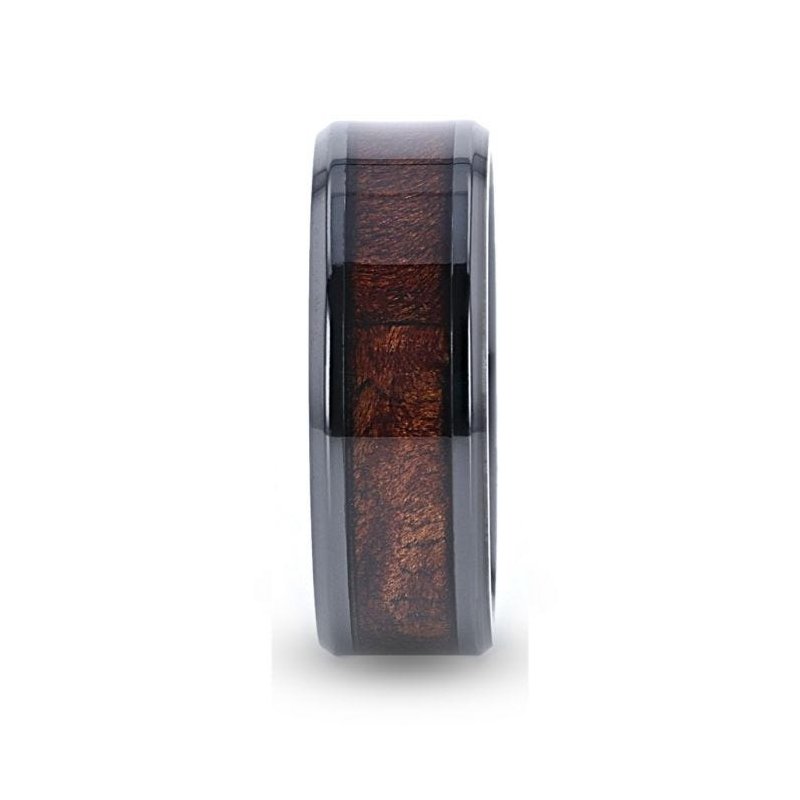Thorsten CERISE Redwood Inlaid Black Ceramic Ring with Beveled Edges - 8mm Thorsten CERISE Redwood Inlaid Black Ceramic Ring with Beveled Edges - 8mm