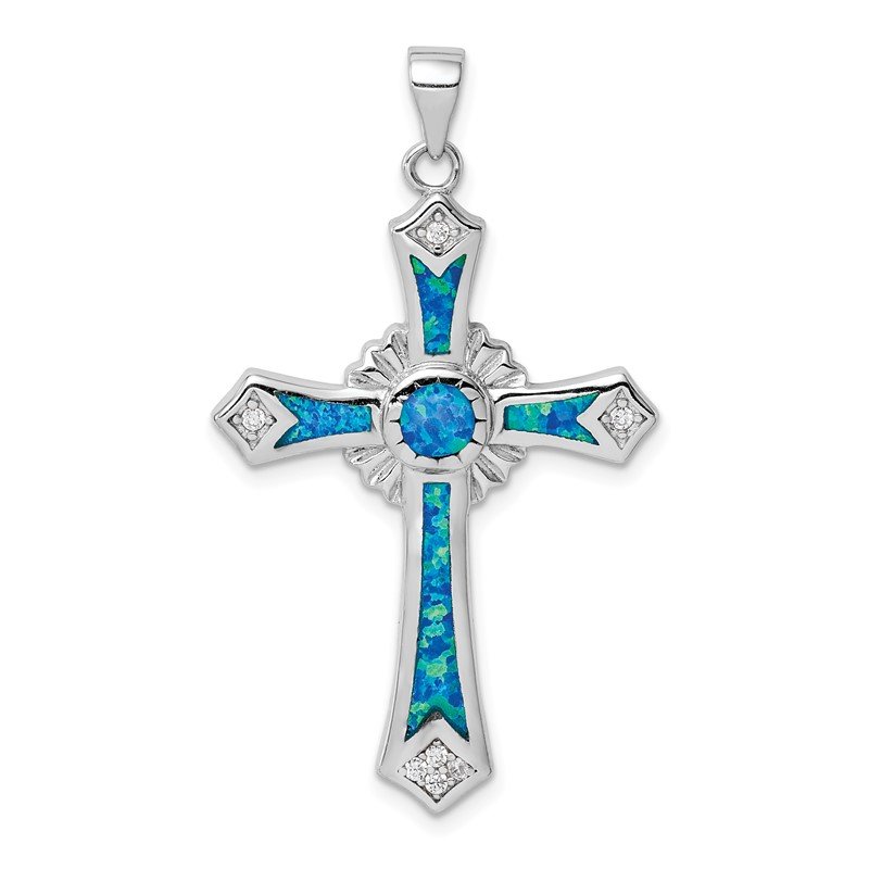 Sterling Silver Blue Opal and CZ Cross Pendant Sterling Silver Blue Opal and CZ Cross Pendant