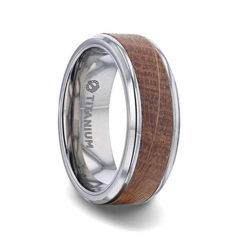 Thorsten CASK Whiskey Barrel Wood Inlaid Titanium Men's Wedding Band With Beveled Polished Edges Made From Genuine Whiskey Barrels - 8mm Thorsten CASK Whiskey Barrel Wood Inlaid Titanium Men's Wedding Band With Beveled Polished Edges Made From Genuine Whiskey Barrels - 8mm