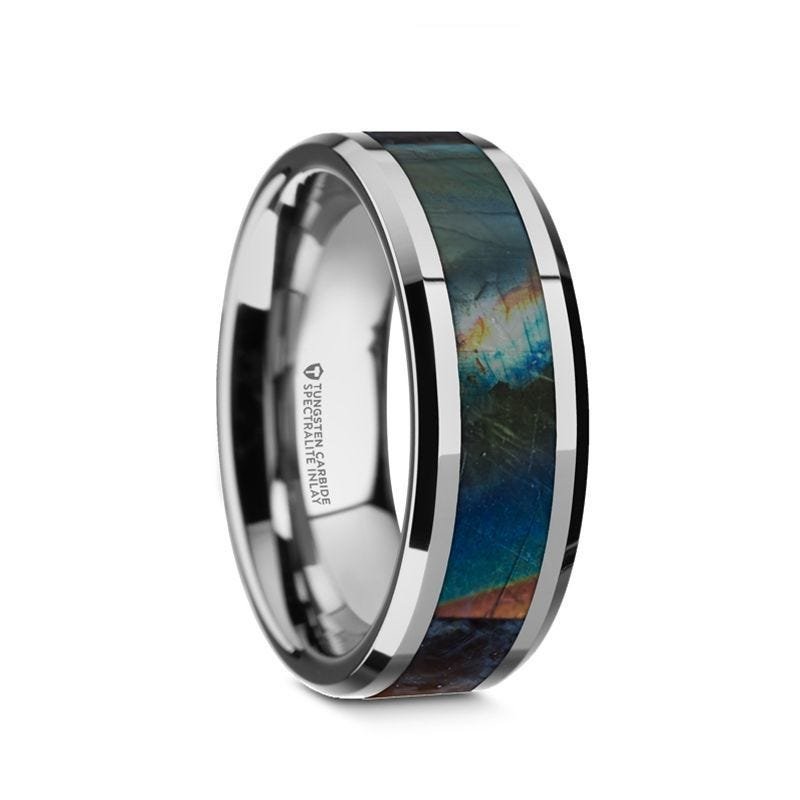 Thorsten ESSENCE Beveled Tungsten Carbide Wedding Ring with Spectrolite Inlay Polished Finish - 8mm Thorsten ESSENCE Beveled Tungsten Carbide Wedding Ring with Spectrolite Inlay Polished Finish - 8mm