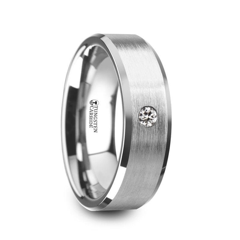 Thorsten PORTER Brushed Finish Tungsten Carbide Wedding Ring with White Diamond Setting and Beveled Edges- 6 mm & 8 mm Thorsten PORTER Brushed Finish Tungsten Carbide Wedding Ring with White Diamond Setting and Beveled Edges- 6 mm & 8 mm