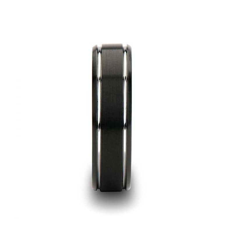 Thorsten NOCTURNE Black Beveled Tungsten Carbide Band with Polished Grooves and Brushed Finish - 6mm or 8mm Thorsten NOCTURNE Black Beveled Tungsten Carbide Band with Polished Grooves and Brushed Finish - 6mm or 8mm