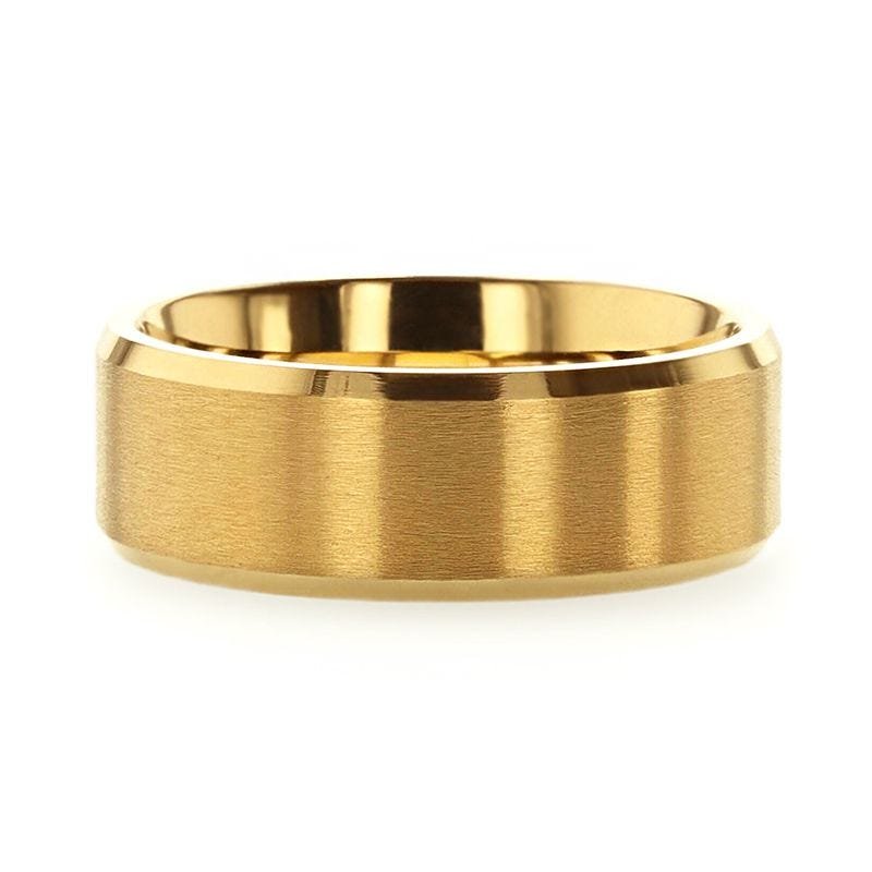 Thorsten RADIATE Gold-Plated Titanium Flat Brushed Center Men's Wedding Ring With Beveled Polished Edges - 8mm Thorsten RADIATE Gold-Plated Titanium Flat Brushed Center Men's Wedding Ring With Beveled Polished Edges - 8mm