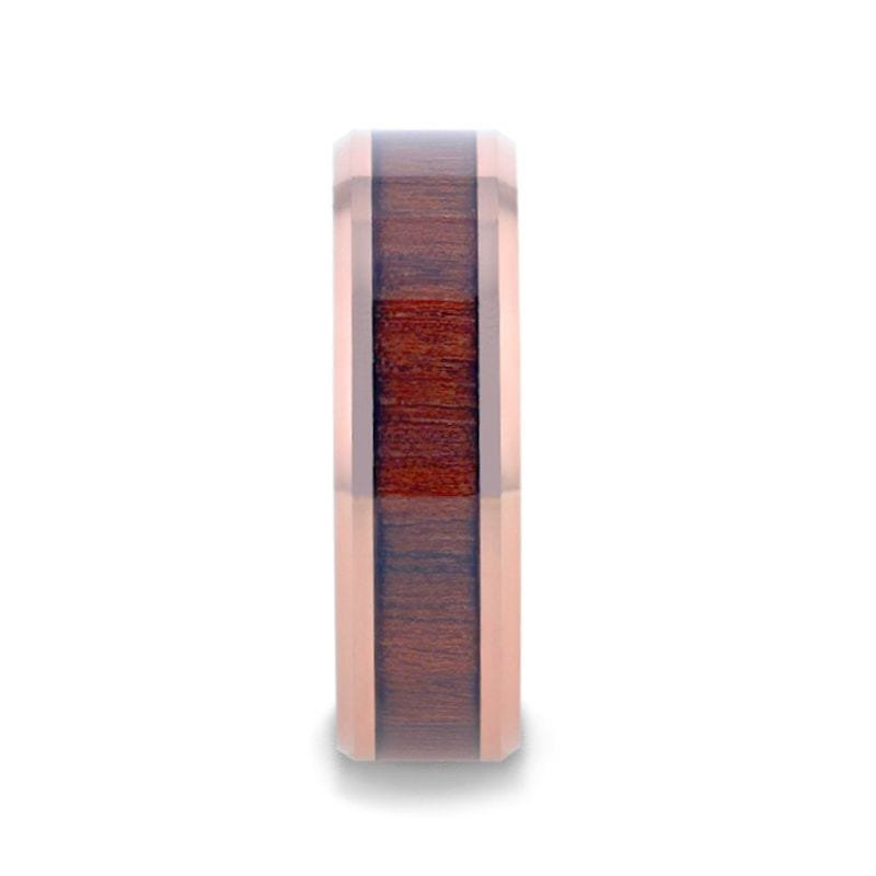 Thorsten DYLAN Rose Gold Plated Koa Wood Inlaid Tungsten Wedding Band With Beveled Polished Edges - 8mm Thorsten DYLAN Rose Gold Plated Koa Wood Inlaid Tungsten Wedding Band With Beveled Polished Edges - 8mm