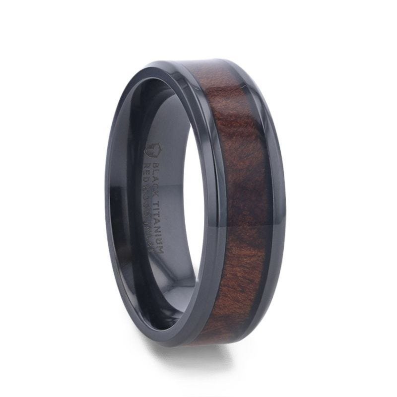 Thorsten YOSEMITE Redwood Inlay Titanium Wedding Band With Polished Beveled Edges - 8mm Thorsten YOSEMITE Redwood Inlay Titanium Wedding Band With Polished Beveled Edges - 8mm