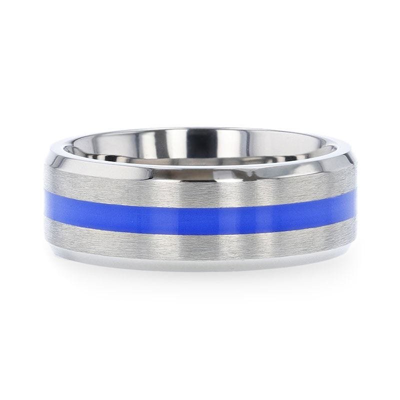 Thorsten BARRY Blue Stripe Inlaid Titanium Flat Brushed Men's Wedding Ring With Beveled Polished Edges - 8mm Thorsten BARRY Blue Stripe Inlaid Titanium Flat Brushed Men's Wedding Ring With Beveled Polished Edges - 8mm