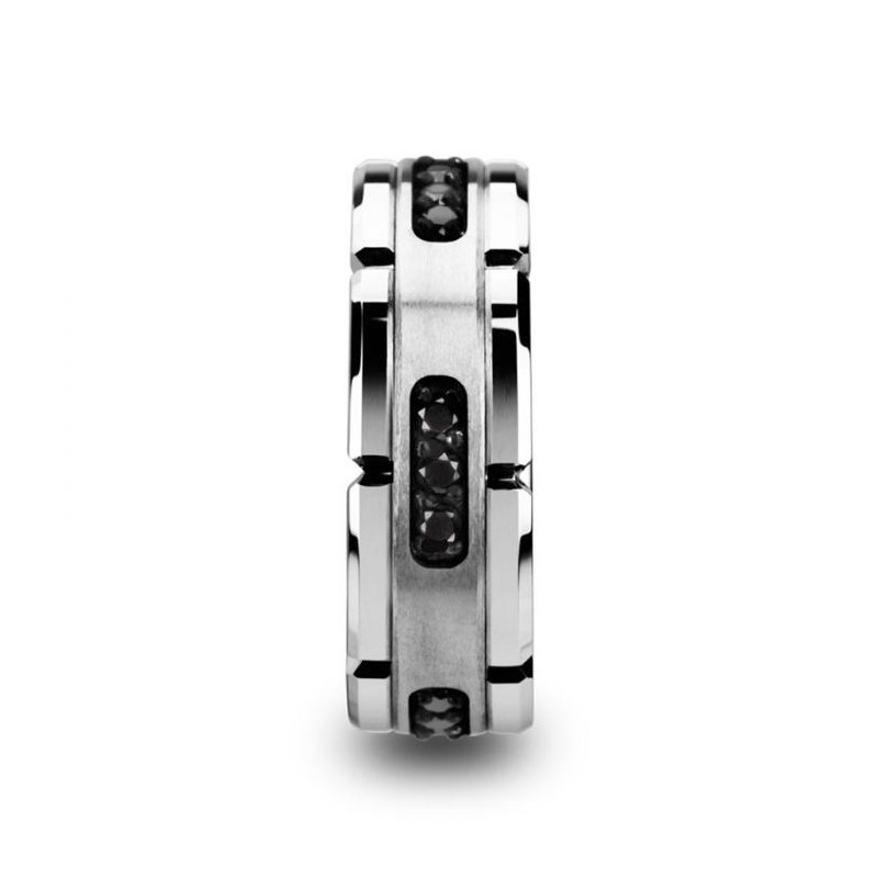 Thorsten VALOR Grooved Tungsten Ring with Silver Inlay & Black Diamonds - 8mm Band Thorsten VALOR Grooved Tungsten Ring with Silver Inlay & Black Diamonds - 8mm Band