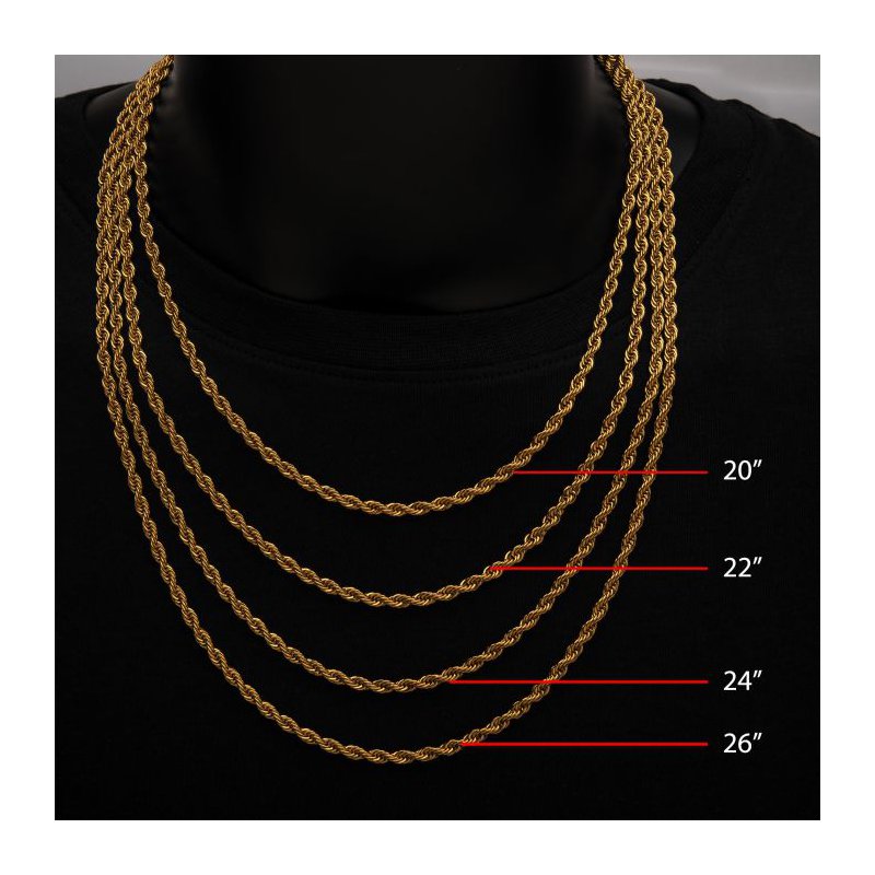 INOX Jewelry 4mm 18Kt Gold IP Rope Chain Necklace NSTC0304G
