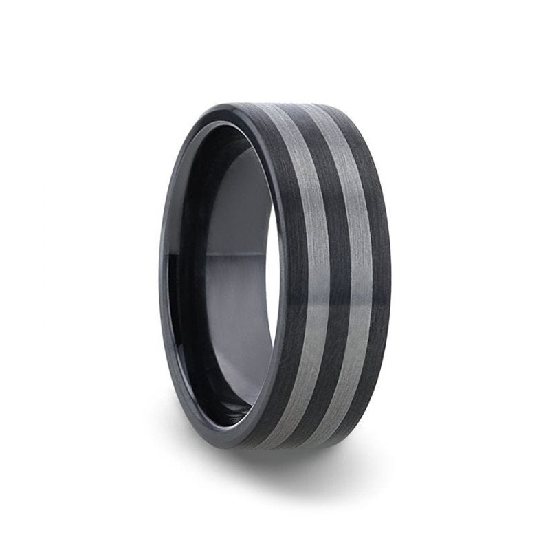 Thorsten BETA Ceramic ring with Tungsten Inlay With Flat Brushed Edges - 8mm Thorsten BETA Ceramic ring with Tungsten Inlay With Flat Brushed Edges - 8mm