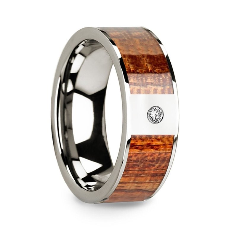 Thorsten 14k White Gold Wedding Band with Mahogany Wood Inlay & Diamond - 8mm Thorsten 14k White Gold Wedding Band with Mahogany Wood Inlay & Diamond - 8mm