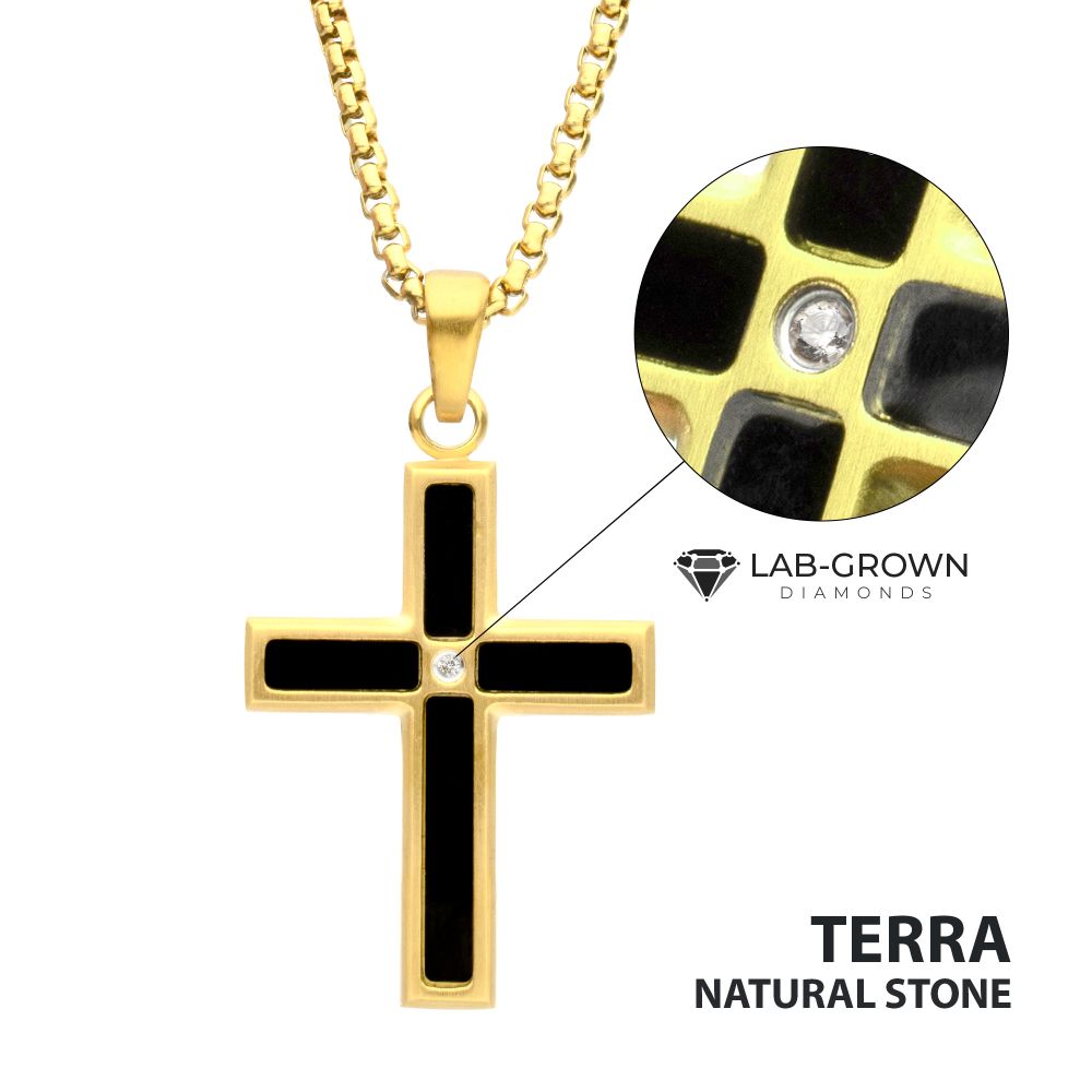INOX Jewelry 18Kt Gold IP Matte Finish Steel Black Onyx Stone