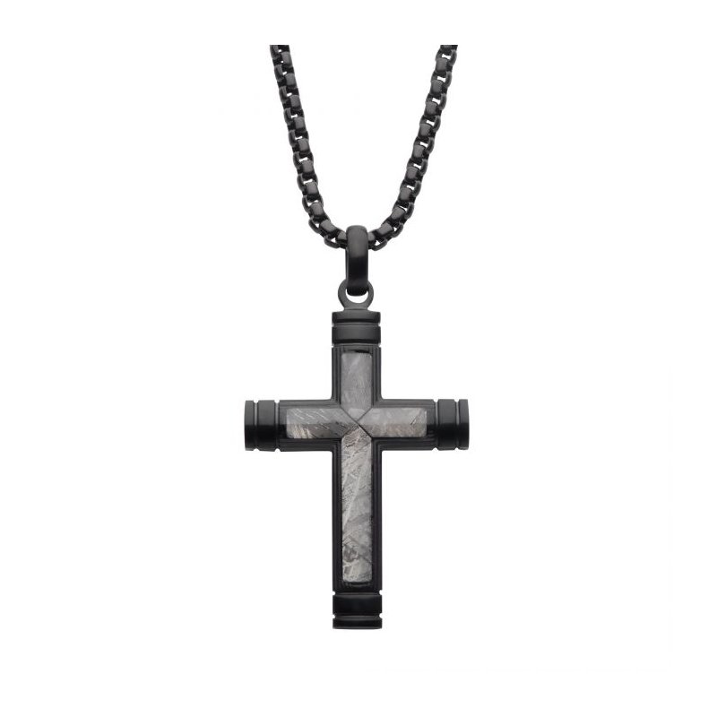 INOX Jewelry Meteorite Inlay Cross Pendant with Black IP Box Chain