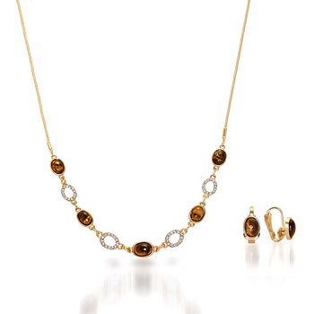 Goldtone Tiger Eye Pendant and Lever Back Earrings Set ZJ452-JJS91301