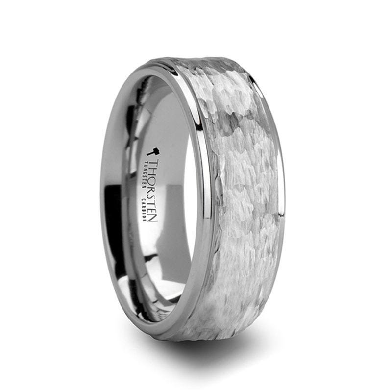Thorsten WINSTON White Tungsten Ring with Raised Hammered Finish and Polished Step Edges - 4mm - 10mm Thorsten WINSTON White Tungsten Ring with Raised Hammered Finish and Polished Step Edges - 4mm - 10mm