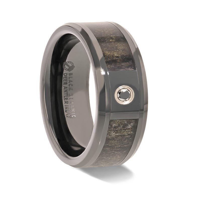 Thorsten MONTANA Black Ceramic Ombre Deer Antler Inlay Polished Beveled Edges with Black Diamond - 8mm Thorsten MONTANA Black Ceramic Ombre Deer Antler Inlay Polished Beveled Edges with Black Diamond - 8mm