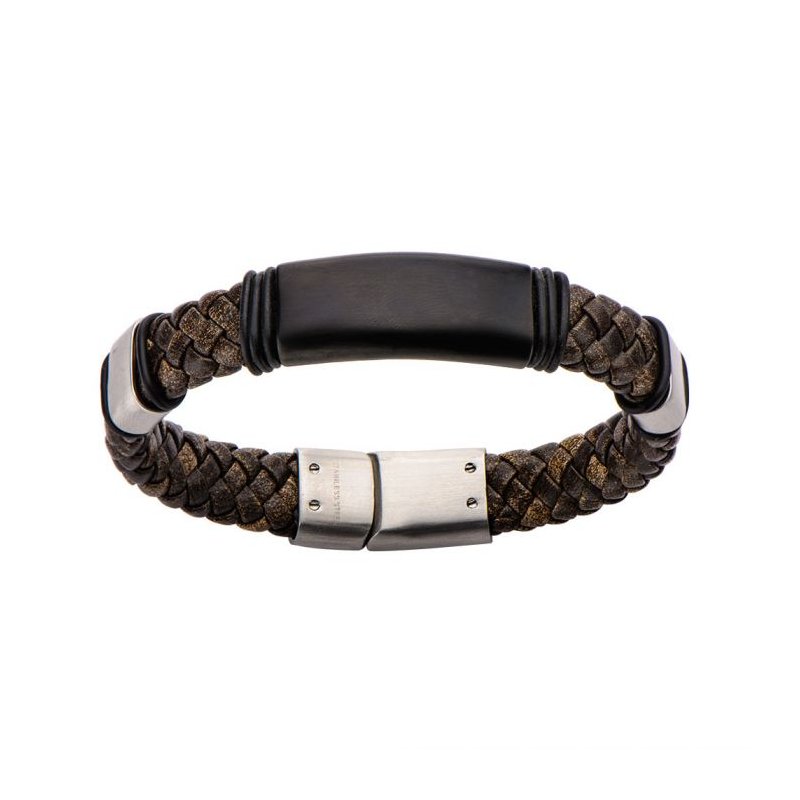 INOX Jewelry Brown Braided Full Grain Cowhide Leather Steel Clasp