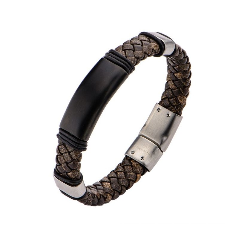 INOX Jewelry Brown Braided Full Grain Cowhide Leather Steel Clasp
