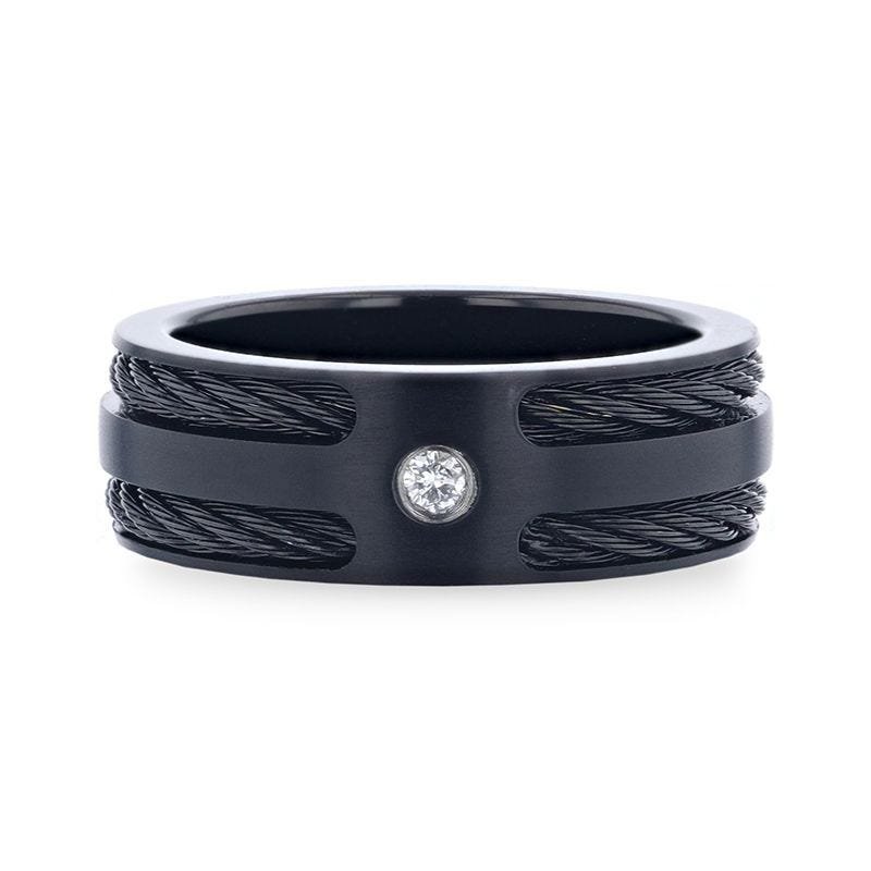Thorsten NOIR Double Black Rope Inlaid Brushed Matte Black Titanium Men's Wedding Band With Black Edge Channel Setting And White Diamond In The Center - 8mm Thorsten NOIR Double Black Rope Inlaid Brushed Matte Black Titanium Men's Wedding Band With Black Edge Channel Setting And White Diamond In The Center - 8mm