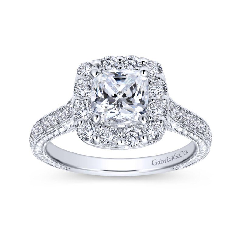 Gabriel Co Vintage Inspired 14K White Gold Cushion Halo Diamond
